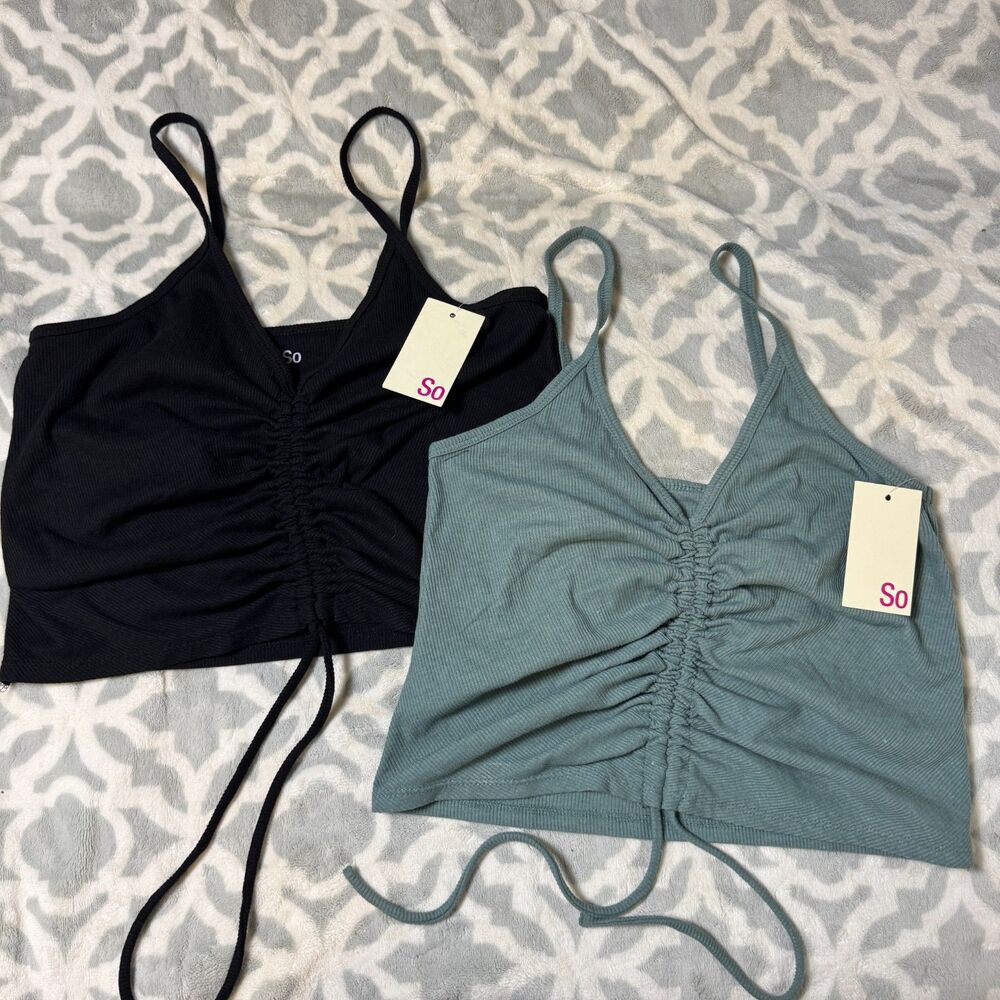 SO Womens Ribbed Cropped Cami Tank Bundle Black L Sage Green M NWT Cinched Front